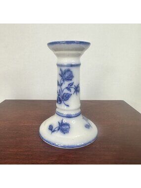 VTG Ironstone Staffordshire England Candle  Holder Flow Blue 5in Floral Romantic